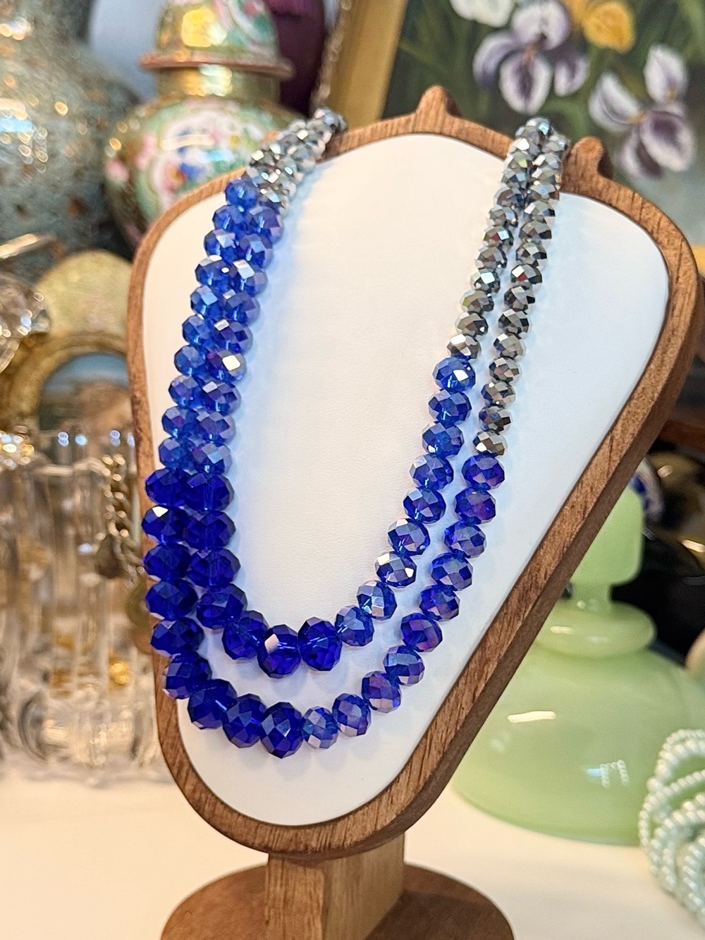 Cobalt Blue & Silver Ombré AB Glass Bead Double Strand Necklace